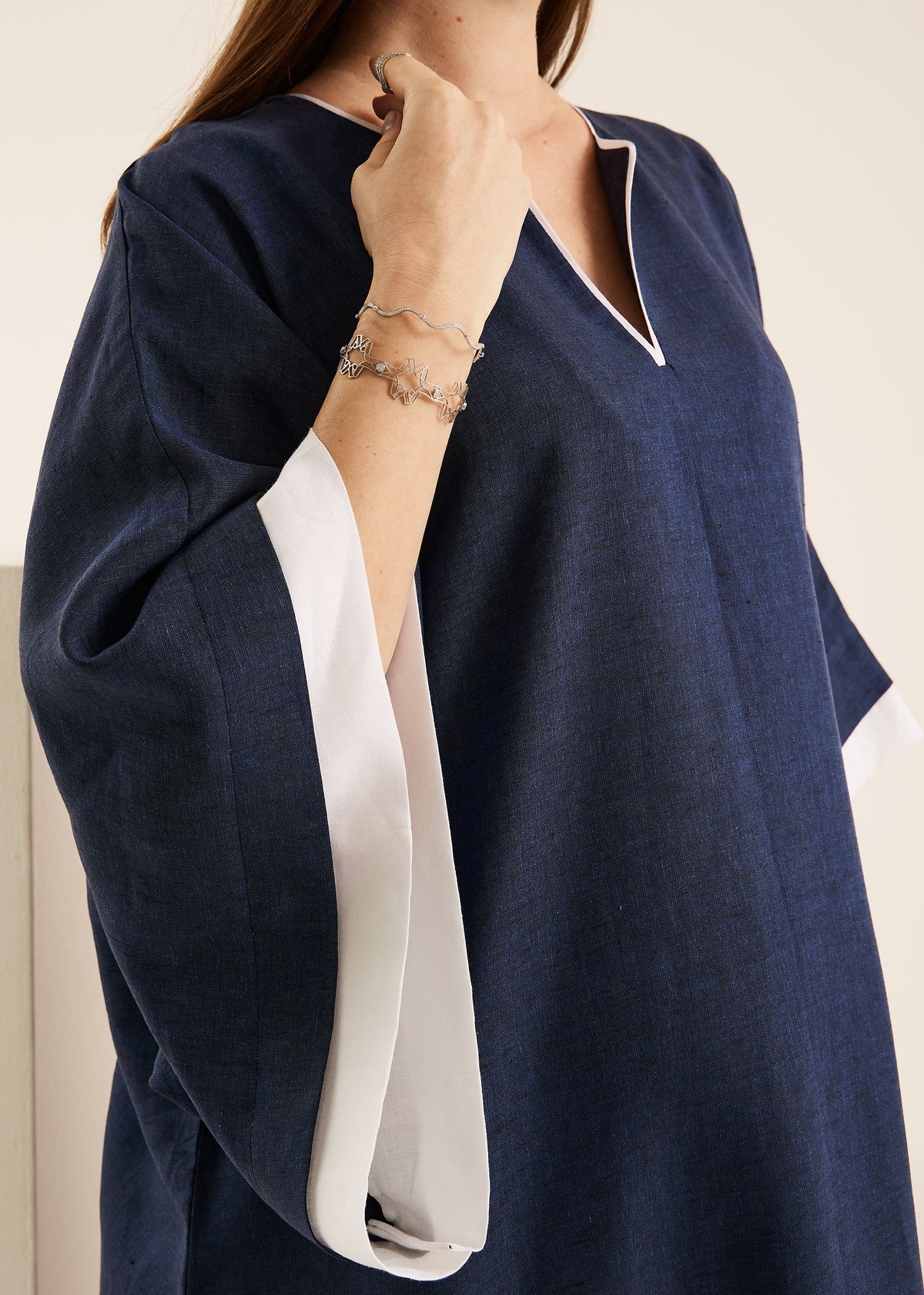 Hasmia Navy Contrast-Trim Linen Dress