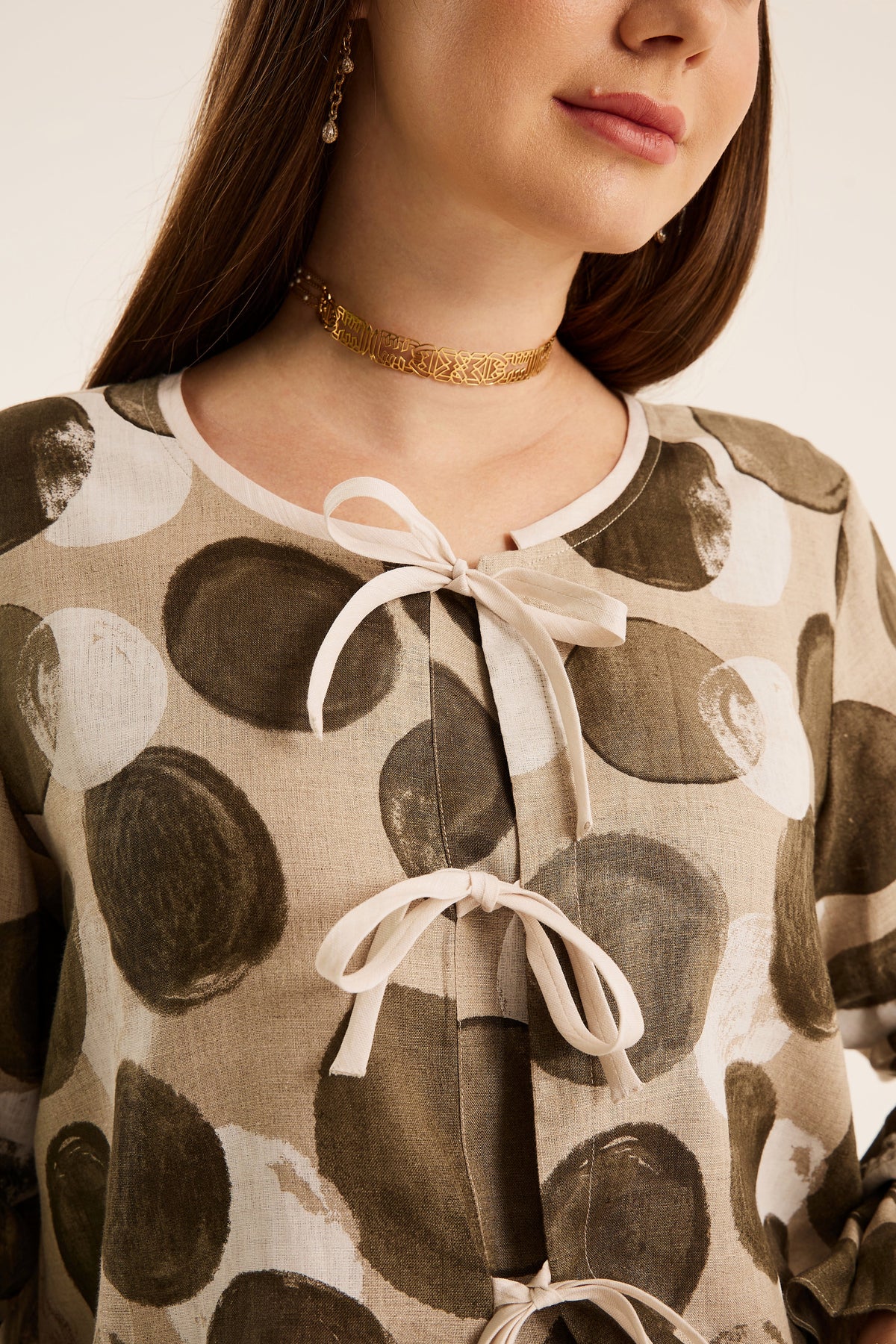 Nadya Polka Dot Tie-Neck Linen Top