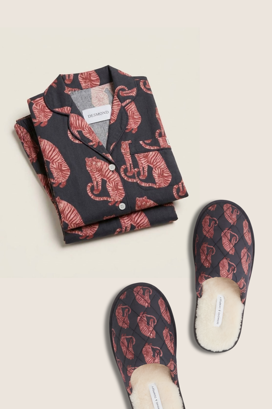 Tiger Print 100% Cotton Long Pajama Set with Matching Slippers